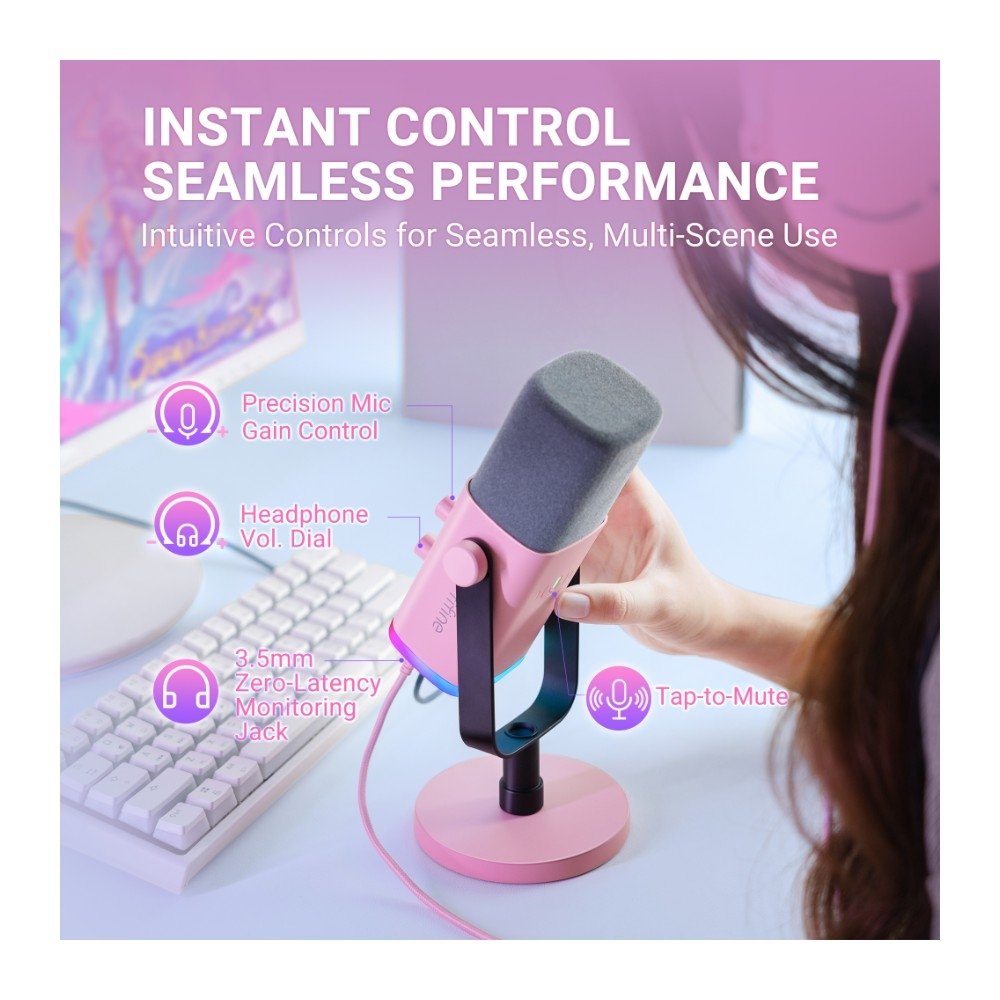 Imagem 6 de 10 do produto Microfone Dinâmico Fifine AM8, de Mesa, Podcast, com Suporte, LED, USB e XLR, Rosa - AM8P