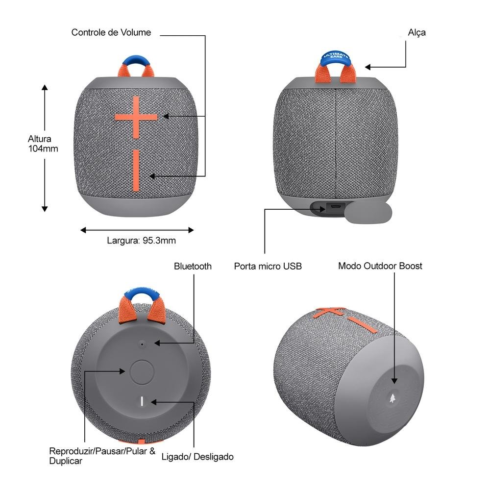 Caixa de Som Bluetooth Ultimate Ears WONDERBOOM 2 Portátil e À Prova D´Água - Até 13 horas de Bateria - Cinza - 984-001555 Caixa de Som Bluetooth Ultimate Ears WONDERBOOM 2 Portátil e À Prova D´Água - Até 13 horas de Bateria - Cinza - 984-001555