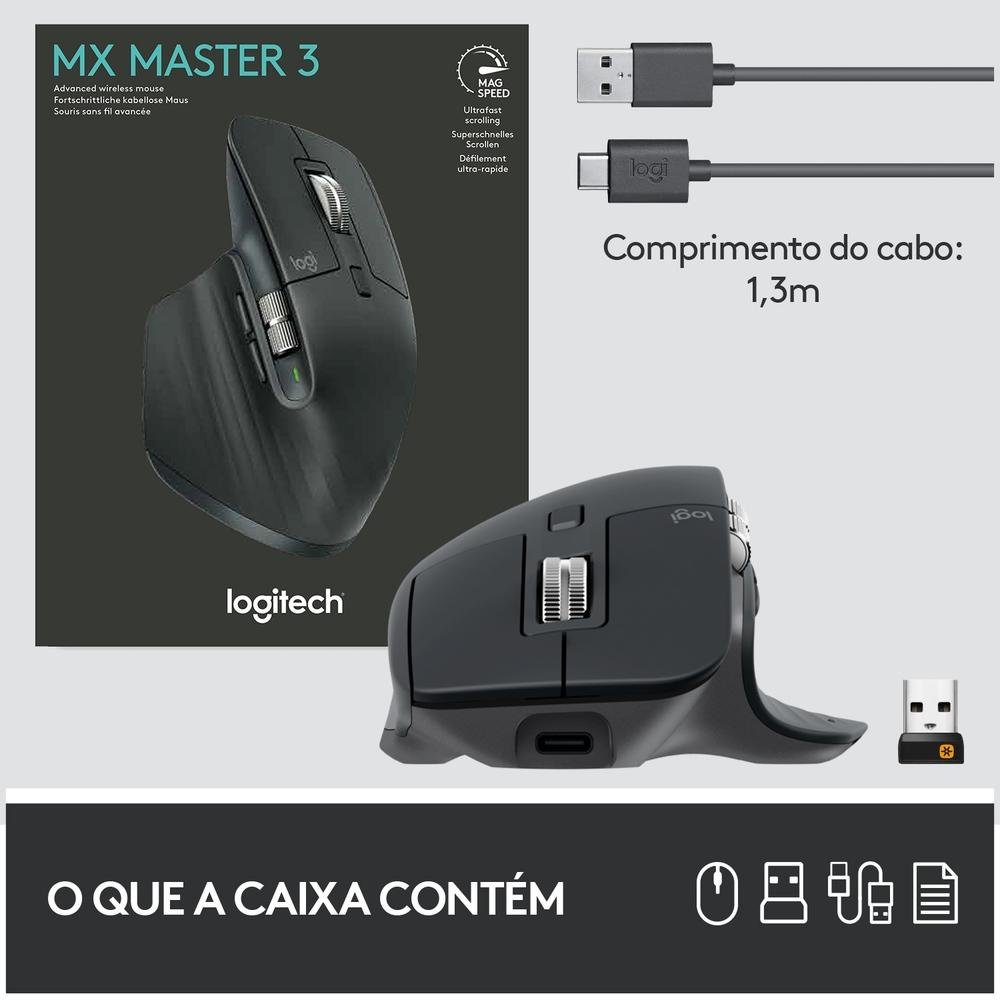 Mouse sem fio Logitech MX Master 3 com Sensor Darkfield para