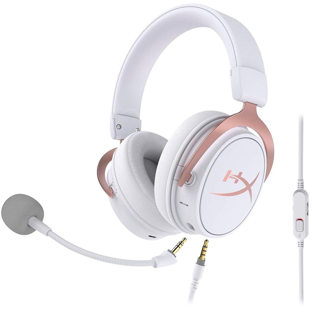 Headset Sem Fio Gamer HyperX Cloud Mix Rose Gold, Bluetooth, Drivers 40mm, Branco - HX-HSCAM-RG/WW Headset Sem Fio Gamer HyperX Cloud Mix Rose Gold, Bluetooth, Drivers 40mm, Branco - HX-HSCAM-RG/WW