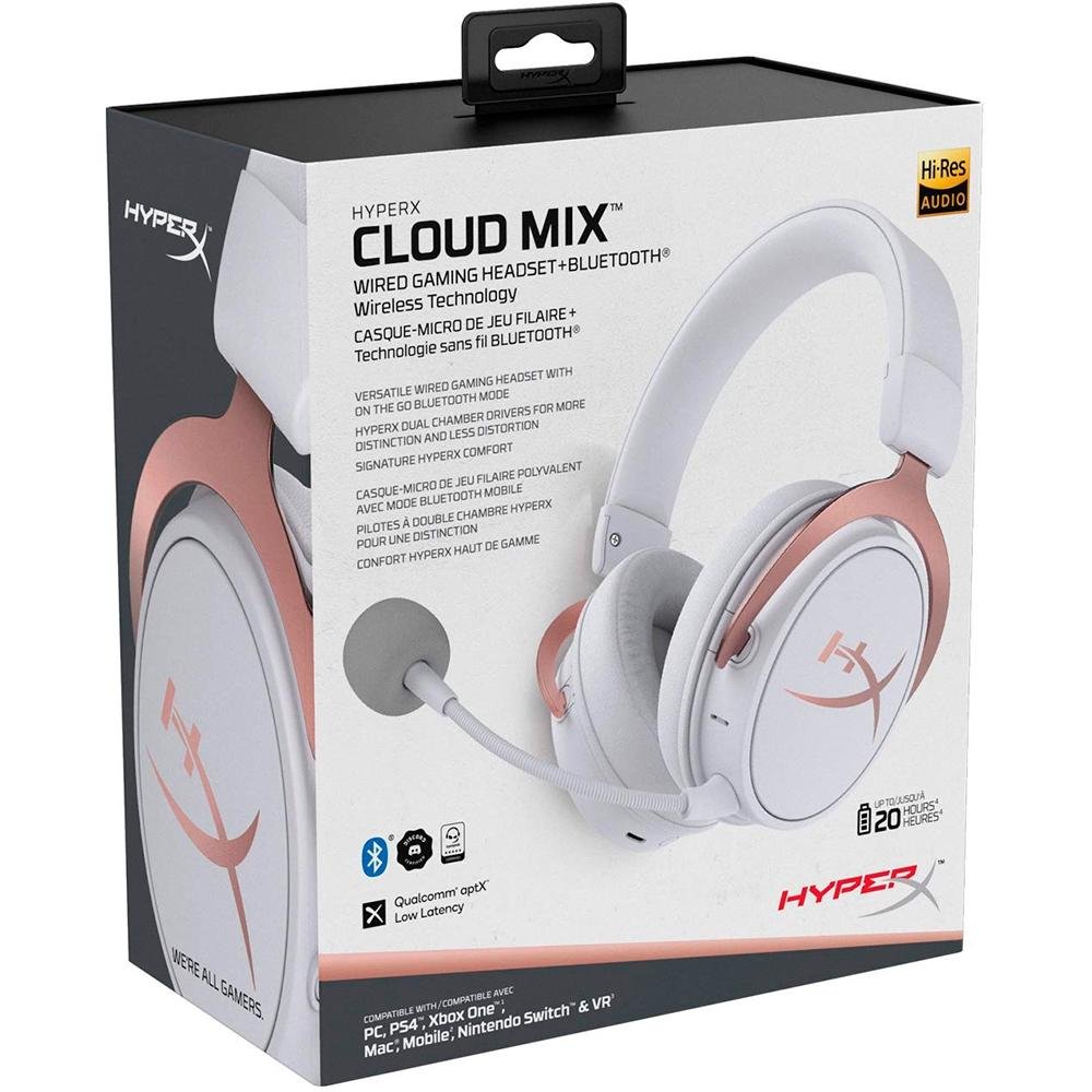 Headset Sem Fio Gamer HyperX Cloud Mix Rose Gold, Bluetooth, Drivers 40mm, Branco - HX-HSCAM-RG/WW Headset Sem Fio Gamer HyperX Cloud Mix Rose Gold, Bluetooth, Drivers 40mm, Branco - HX-HSCAM-RG/WW