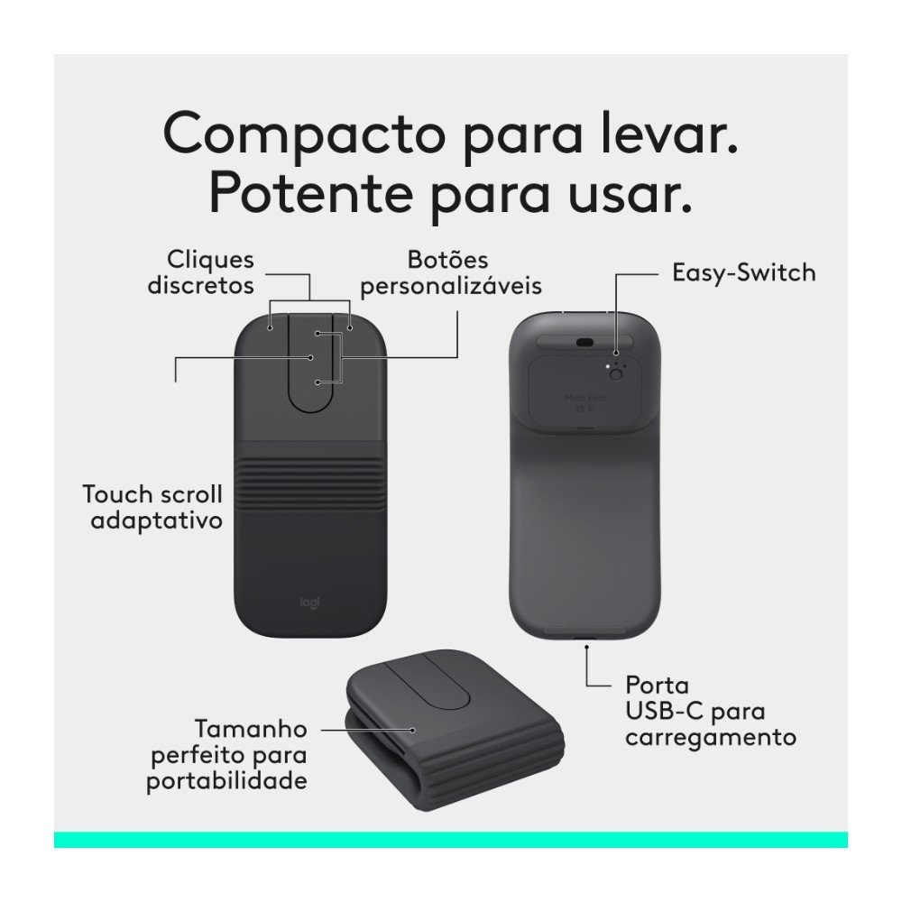Imagem 3 de 12 do produto Mouse Sem Fio Logitech Mobi Fold, Dobrável e slim, touch scroll, cliques discretos, Bluetooth - 910-007601
