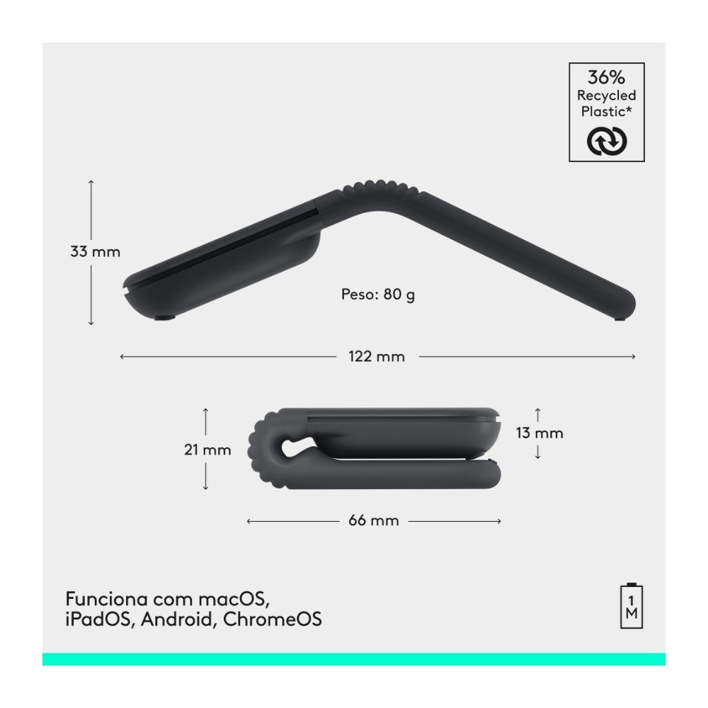 Imagem 2 de 12 do produto Mouse Sem Fio Logitech Mobi Fold, Dobrável e slim, touch scroll, cliques discretos, Bluetooth - 910-007601