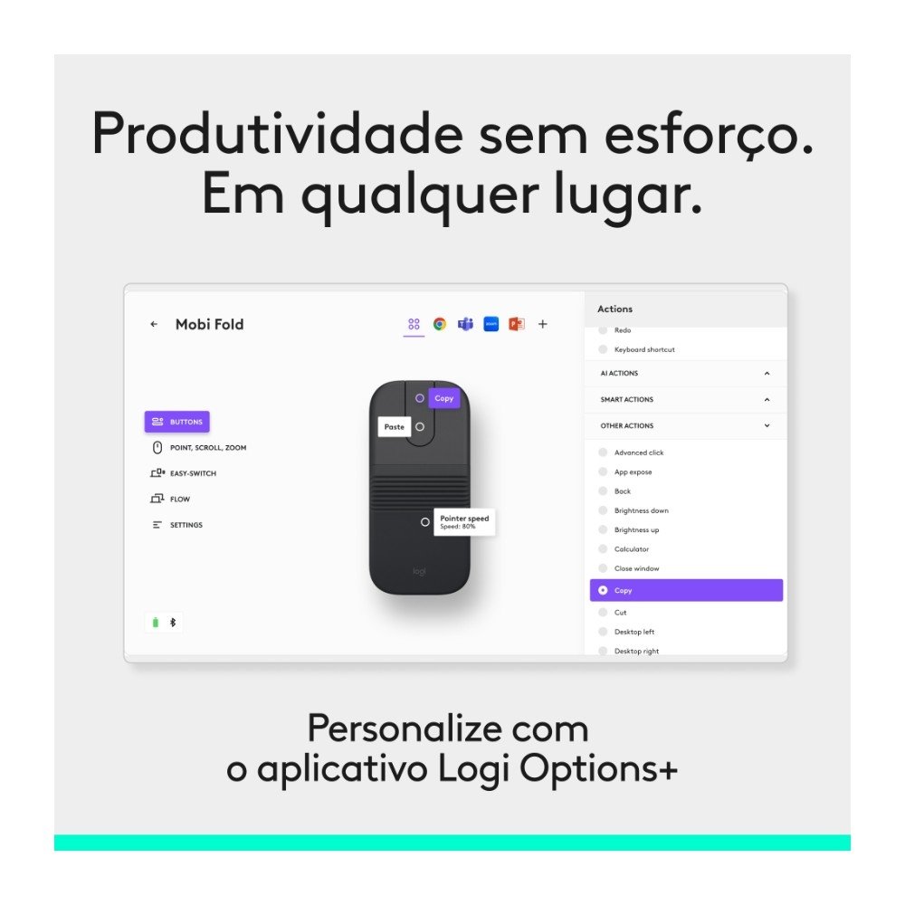 Imagem 6 de 12 do produto Mouse Sem Fio Logitech Mobi Fold, Dobrável e slim, touch scroll, cliques discretos, Bluetooth - 910-007601