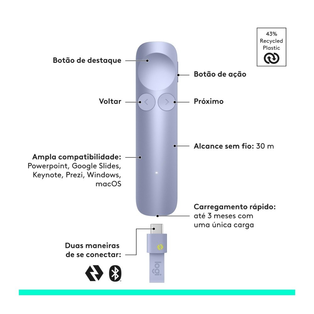 Imagem 2 de 11 do produto Apresentador Sem Fio Logitech Spotlight 2, Bluetooth, Sensação Tátil, Personalizáveis, Ponteiro Laser, USB-C, Lilás - 910-007669