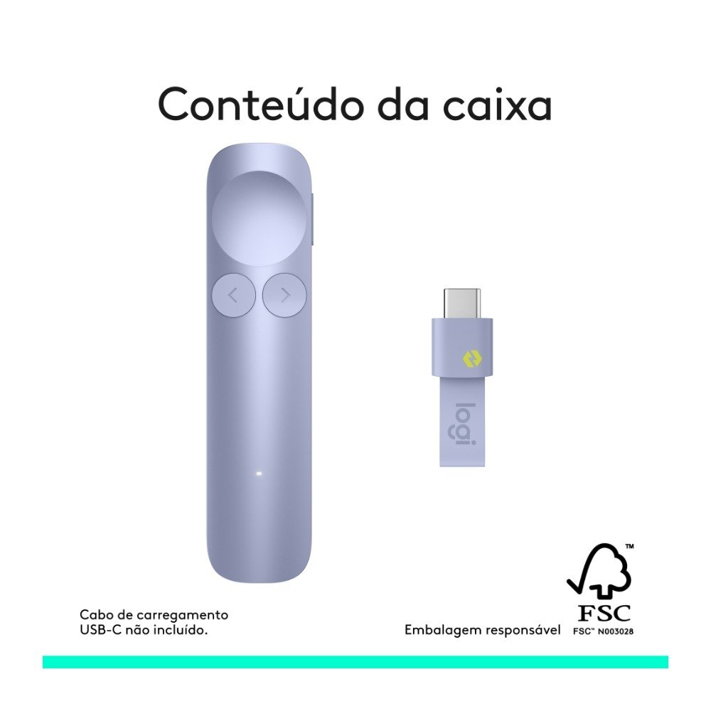 Imagem 11 de 11 do produto Apresentador Sem Fio Logitech Spotlight 2, Bluetooth, Sensação Tátil, Personalizáveis, Ponteiro Laser, USB-C, Lilás - 910-007669