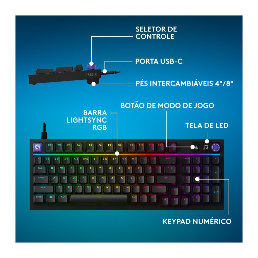 Imagem 6 de 11 do produto Teclado Mecânico Gamer Logitech G316 X 98, RGB LIGHTSYNC, USB-C, Preto - 920-014183