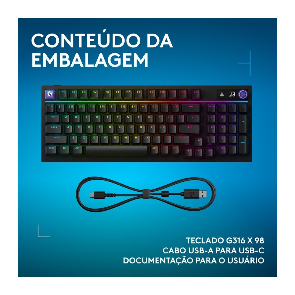 Imagem 4 de 11 do produto Teclado Mecânico Gamer Logitech G316 X 98, RGB LIGHTSYNC, USB-C, Preto - 920-014183