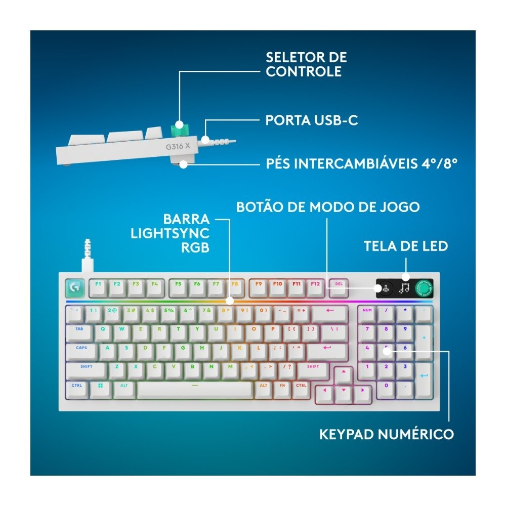 Imagem 3 de 10 do produto Teclado Mecânico Gamer Logitech G316 X 98, Com Fio, Branco - 920-014226
