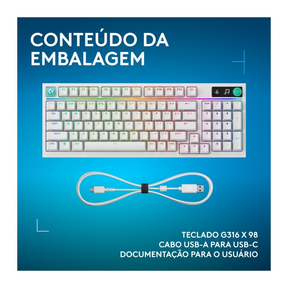 Imagem 4 de 10 do produto Teclado Mecânico Gamer Logitech G316 X 98, Com Fio, Branco - 920-014226