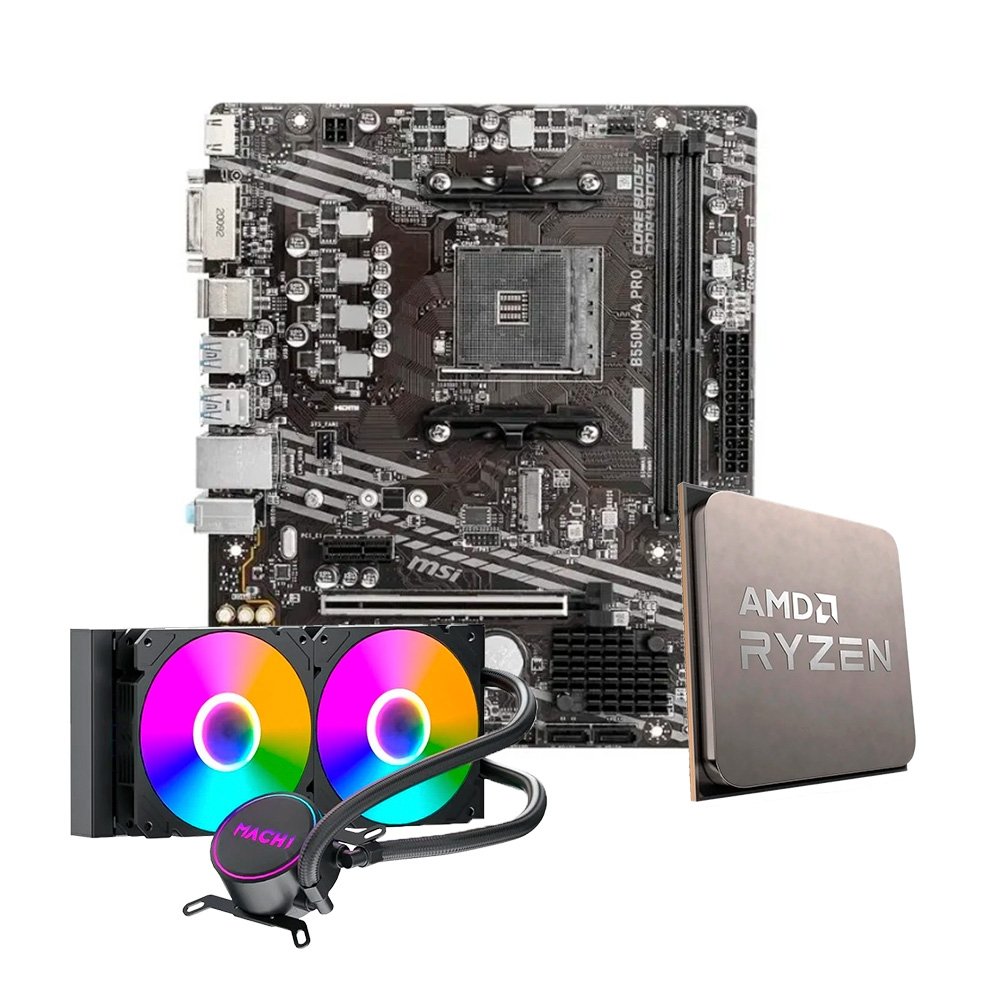 Placa-Mãe MSI B550M-A PRO + Processador AMD Ryzen 7 5700X + Water Cooler MACH1 Logic, RGB, 240mm