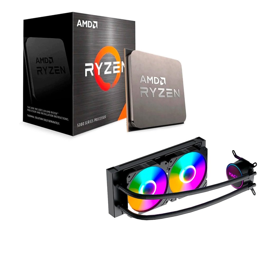 Processador AMD Ryzen 7 5700X, 3.4GHz (4.6GHz Max Turbo), Cache 36MB, 8 Núcleos, 16 Threads, AM4, Sem Vídeo Integrado - 100-100000926WOF  + Water Cooler MACH1 Logic, RGB, 240mm, AMD e Intel, Preto - GK240