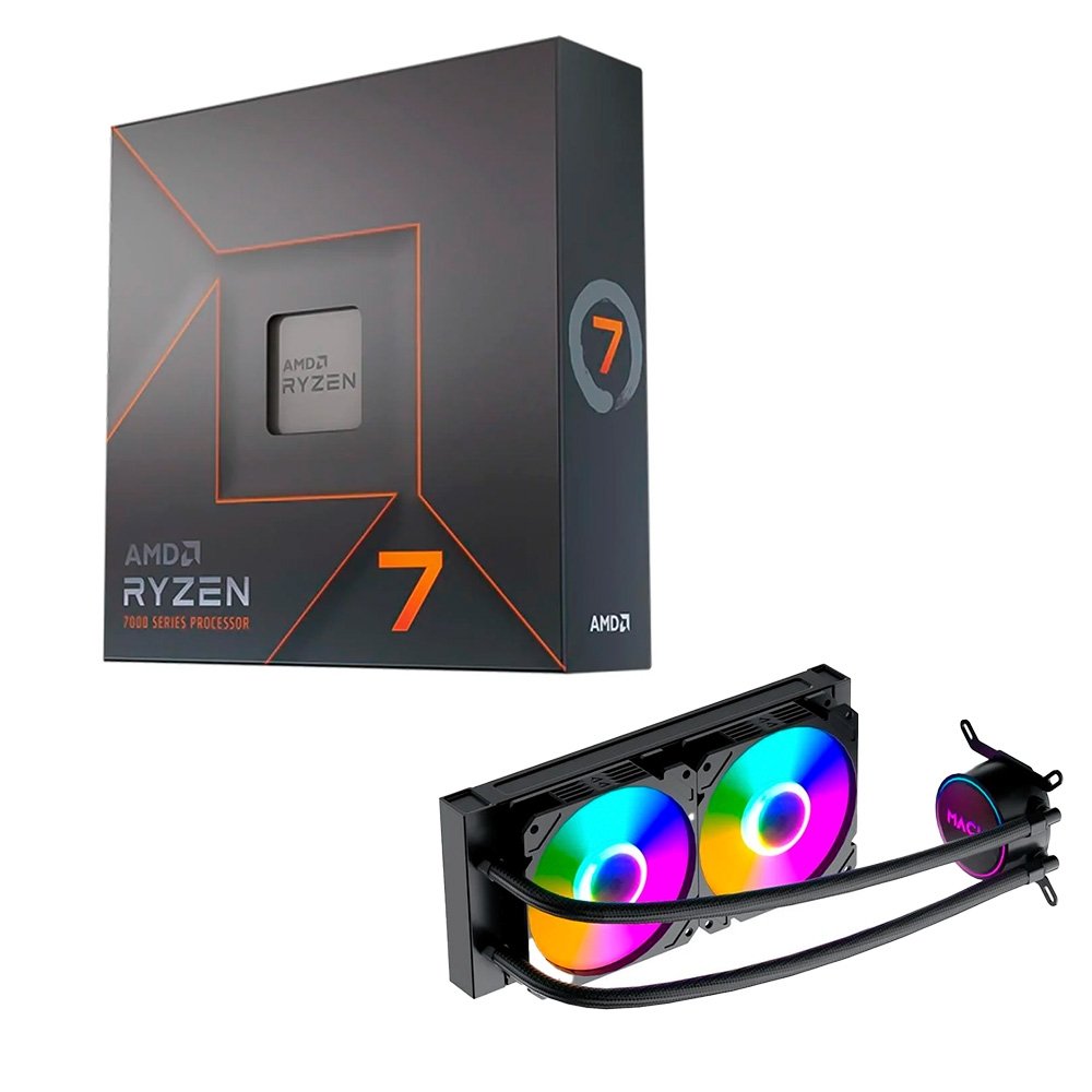 Processador AMD Ryzen 7 7700X, 4.5GHz (5.4GHz Max Turbo), Cache 40MB, 8 Núcleos, 16 Threads, AM5, Com Vídeo Integrado - 100-100000591WOF  + Water Cooler MACH1 Logic, RGB, 240mm, AMD e Intel, Preto - GK240
