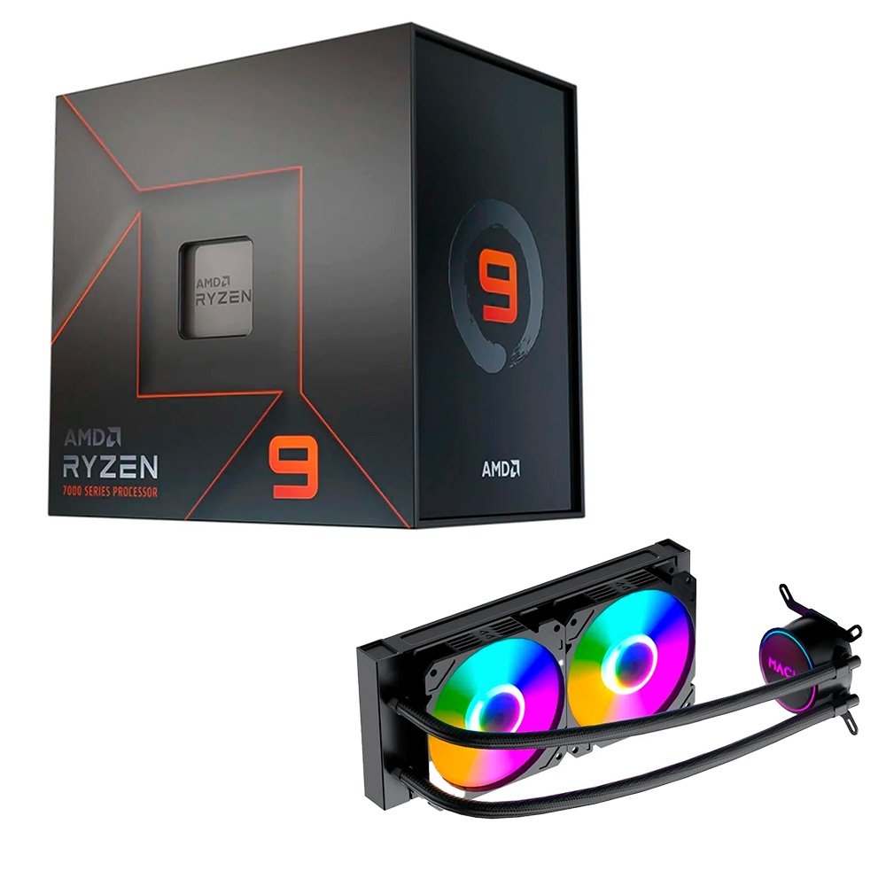 Processador AMD Ryzen 9 7900X, 4.7GHz (5.6GHz Max Turbo), Cache 76MB, 12 Núcleos, 24 Threads, AM5, Com Vídeo Integrado - 100-100000589WOF  + Water Cooler MACH1 Logic, RGB, 240mm, AMD e Intel, Preto - GK240