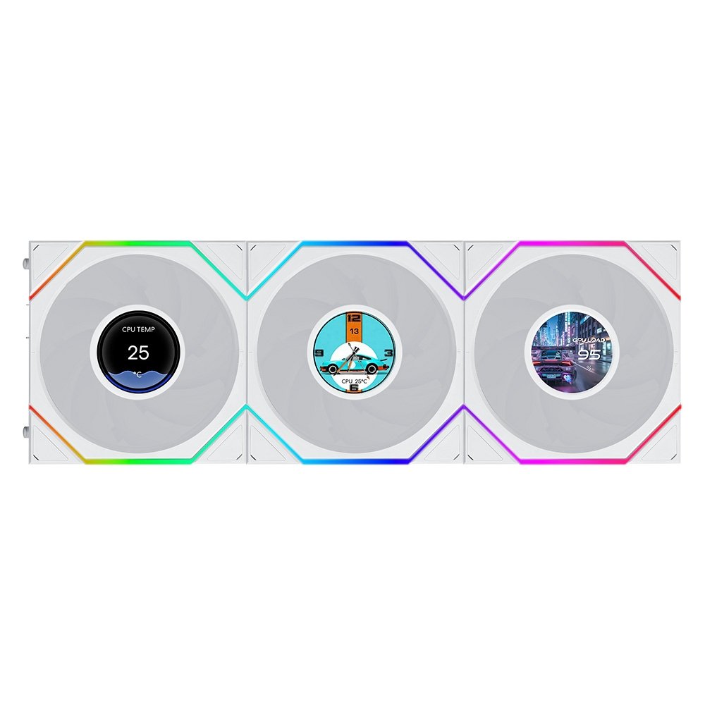 Kit Ventoinhas Lian Li Uni Fan TL LCD Flex, 3x 120mm, ARGB, PWM, Tela LCD 1.8, Branco - 12TLLCD1F3W