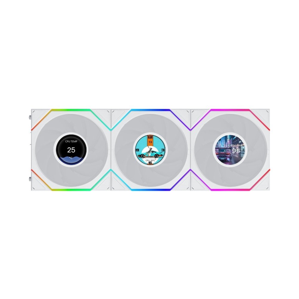 Kit Ventoinhas Lian Li Uni Fan TL LCD Flex Reverse Blade, 3x 120mm, ARGB, PWM, Tela LCD 1.8, Branco - 12RTLLCD1F3W