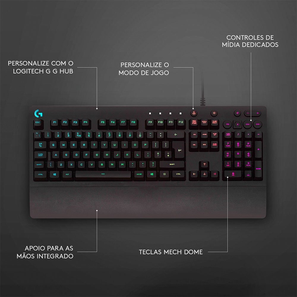 Teclado Gamer Logitech G213, RGB LIGHTSYNC, Controles de Mídia Dedicados, Design Durável Resistente à Respingos, ABNT2, Preto - 920-009438 - view 6