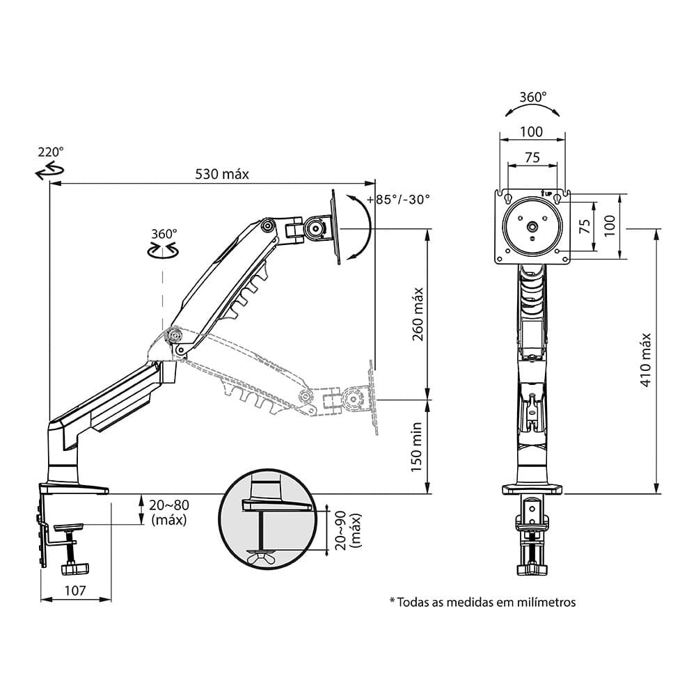 Suporte de Mesa Articulado para Monitores de 17" a 35", ELG, Ajuste de altura com Pistão a Gás - F80N