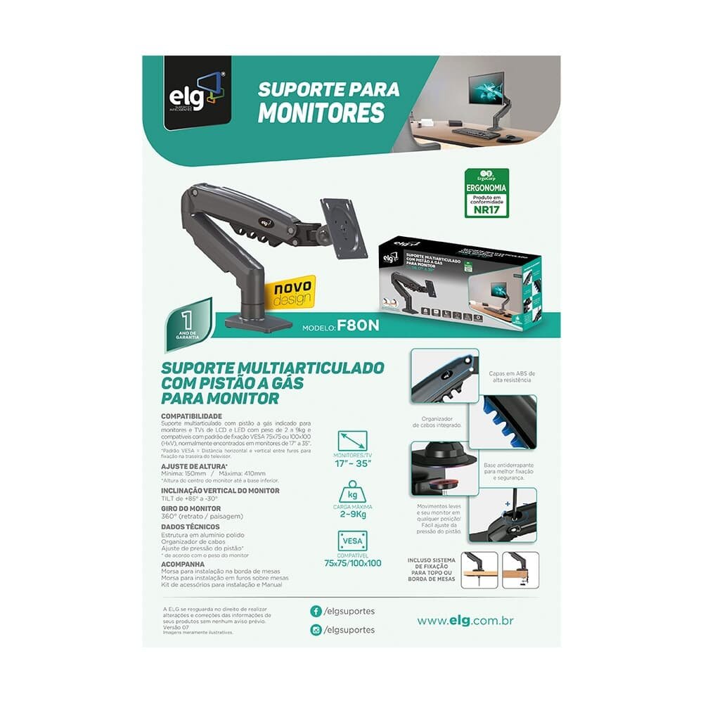 Suporte de Mesa Articulado para Monitores de 17" a 35", ELG, Ajuste de altura com Pistão a Gás - F80N