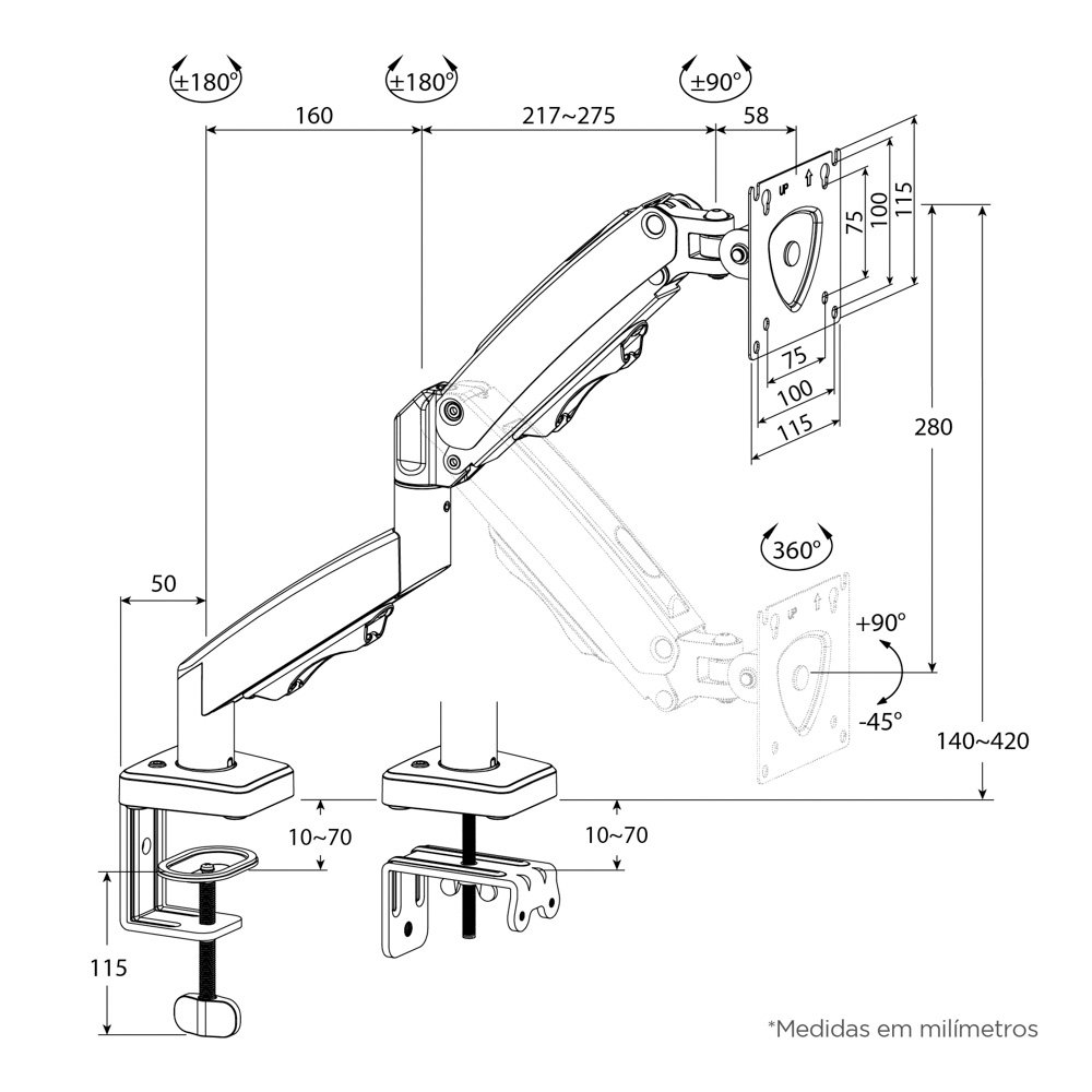 Suporte de Mesa Articulado para Monitores de 17" a 35", ELG, Ajuste de altura com Pistão a Gás - F80N Suporte de Mesa Articulado para Monitores de 17" a 35", ELG, Ajuste de altura com Pistão a Gás - F80N
