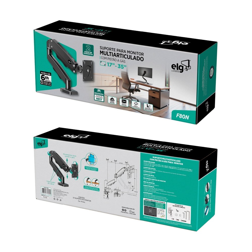 Imagem 11 de 11 do produto Suporte de Mesa Articulado para Monitores de 17" a 35", ELG, Ajuste de altura com Pistão a Gás - F80N