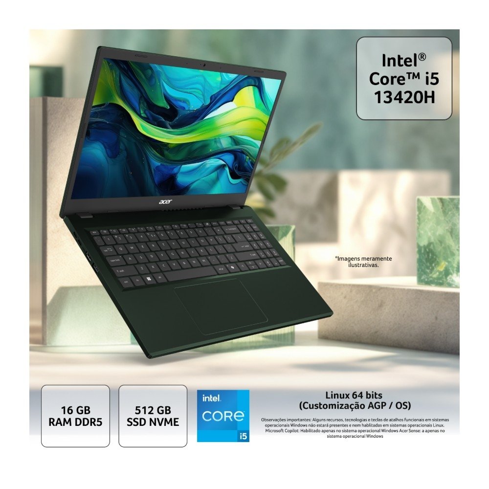 Imagem 8 de 8 do produto Notebook Acer Aspire Go 15 AG15-71P-53D9, Intel Core 5, 16GB RAM, SSD 512GB, Intel UHD, 15.6"" FHD, Linux, Cinza - NX.JH6AL.001