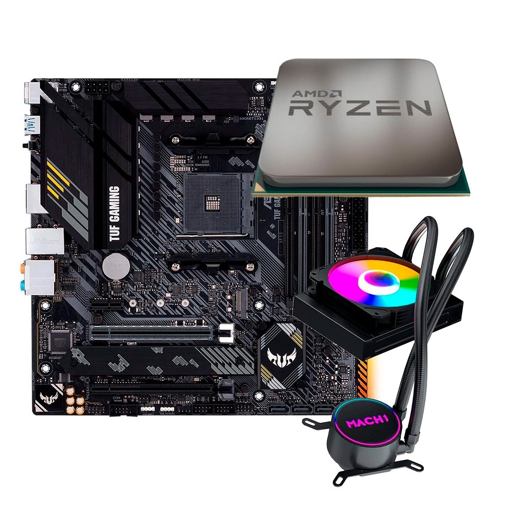 Kit AMD Ryzen 7 5700X + Placa Mãe ASUS TUF Gaming B550M-Plus + Water Cooler MACH1 Logic 120 GK120
