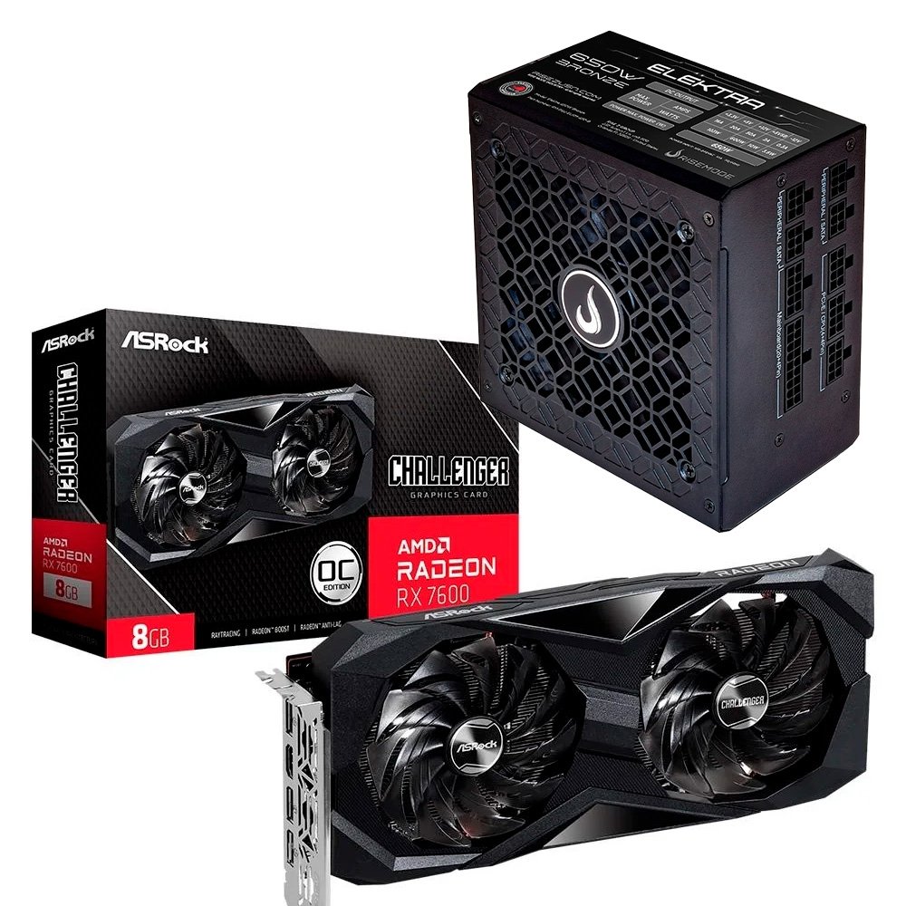 Placa de Vídeo RX 7600 Challenger ASRock + Fonte Gamer Rise Mode Elektra, 650W