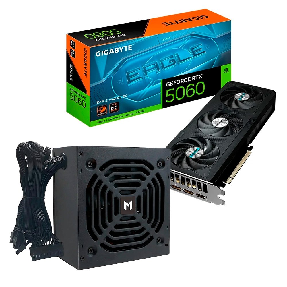 Placa de Vídeo Gigabyte RTX 5060 EAGLE MAX OC + Fonte Mach1 Steady, 750w, 80 Plus Bronze