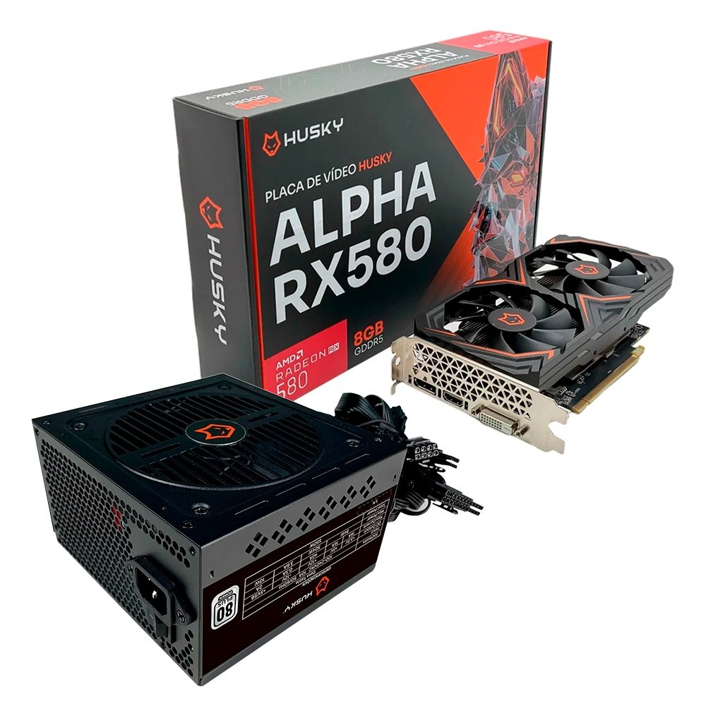 Placa De Vídeo Husky Alpha RX 580 + Fonte Husky Sledger 550w, 80 Plus White