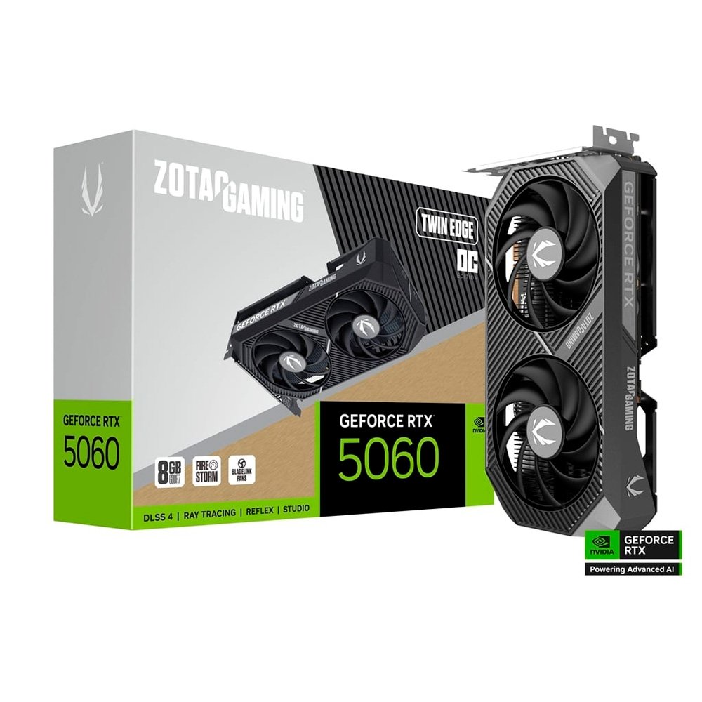 Placa de Vídeo Zotac Gaming RTX 5060 Twin Edge OC NVIDIA GeForce, 8GB GDDR7, 128-bits, Dual Fan, DLSS 4 - ZT-B50600H-10M