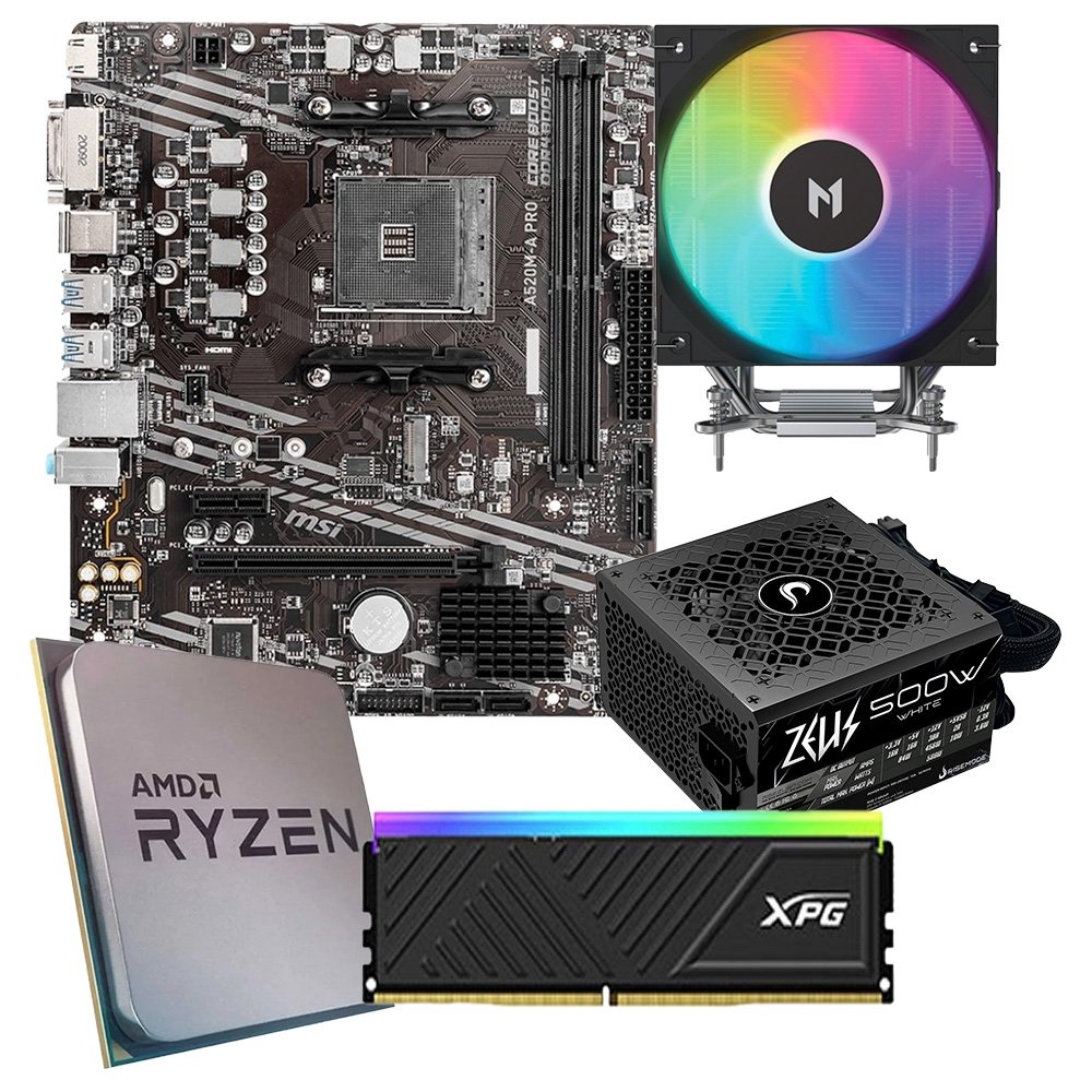 Placa Mãe MSI A520M-A PRO + 5 5500F + Air Cooler MACH1 ARTIC 120mm + Memória XPG 8GB + Fonte 500W