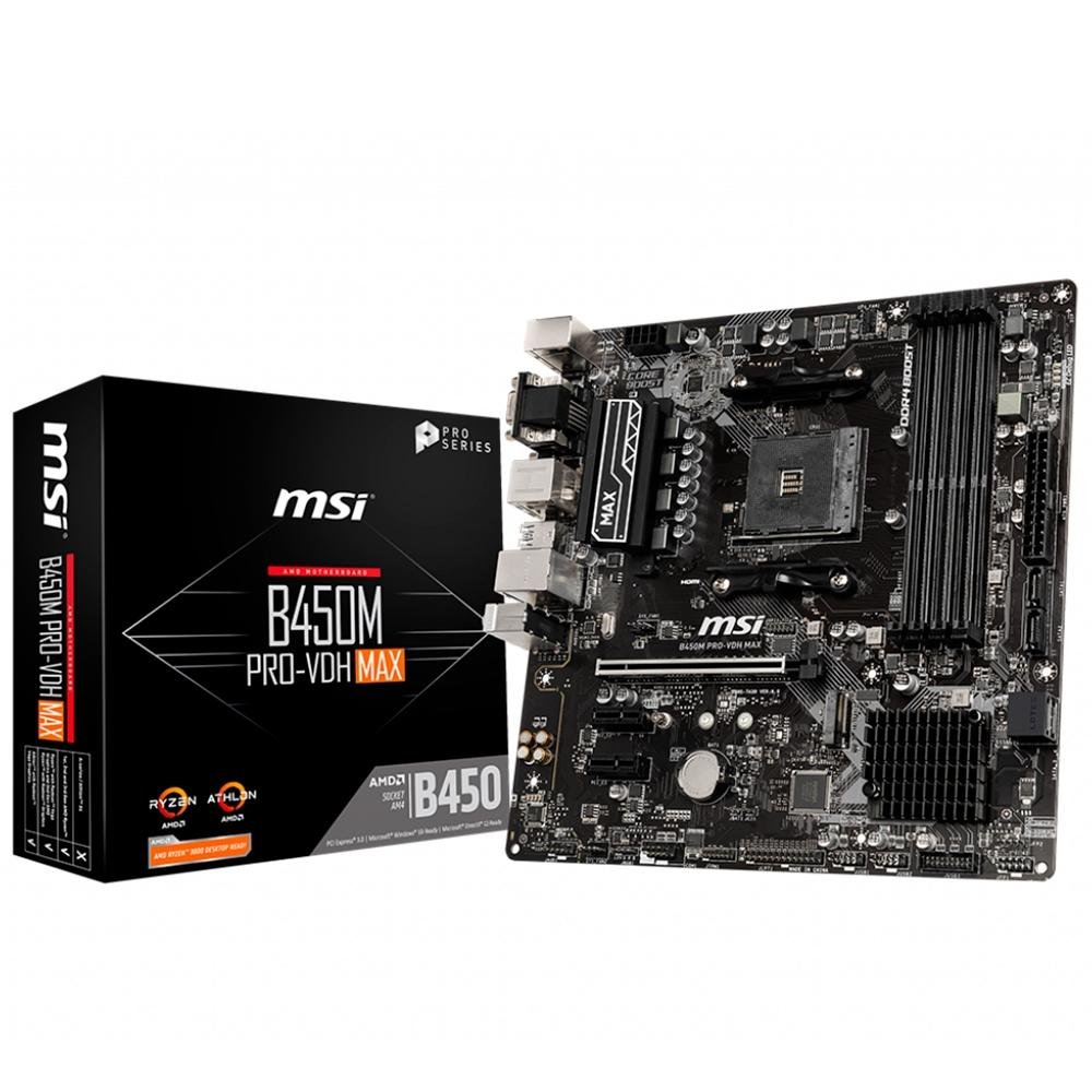 Placa-Mãe MSI B450M Pro-VDH Max p/ AMD AM4, m-ATX, DDR4, Preto - B450M PRO-VDH MAX Placa-Mãe MSI B450M Pro-VDH Max p/ AMD AM4, m-ATX, DDR4, Preto - B450M PRO-VDH MAX