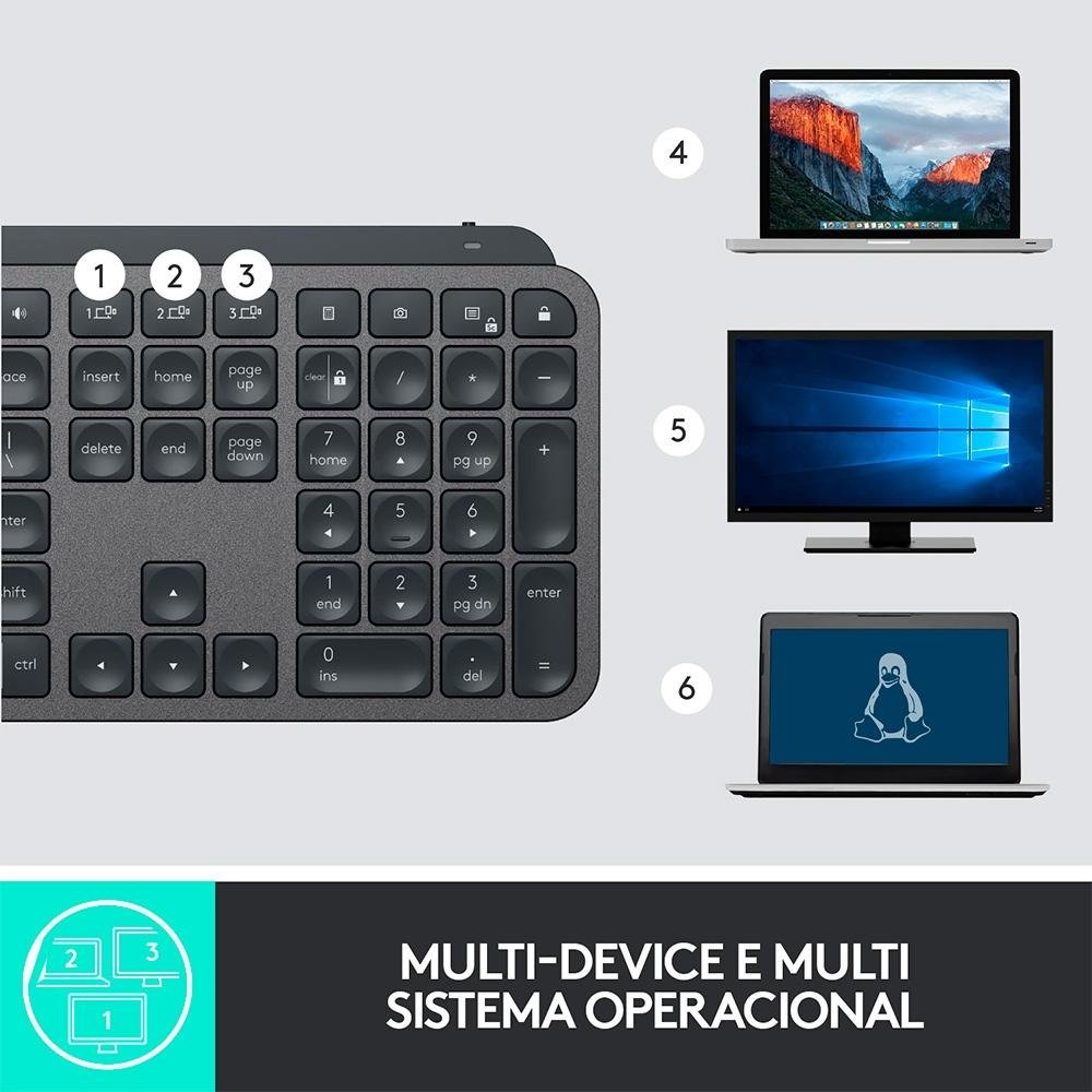 Teclado sem fio Logitech MX Keys com Iluminação Inteligente, USB Unifying ou Bluetooth e Bateria Recarregável, ANSI - 920-009297 Teclado sem fio Logitech MX Keys com Iluminação Inteligente, USB Unifying ou Bluetooth e Bateria Recarregável, ANSI - 920-009297