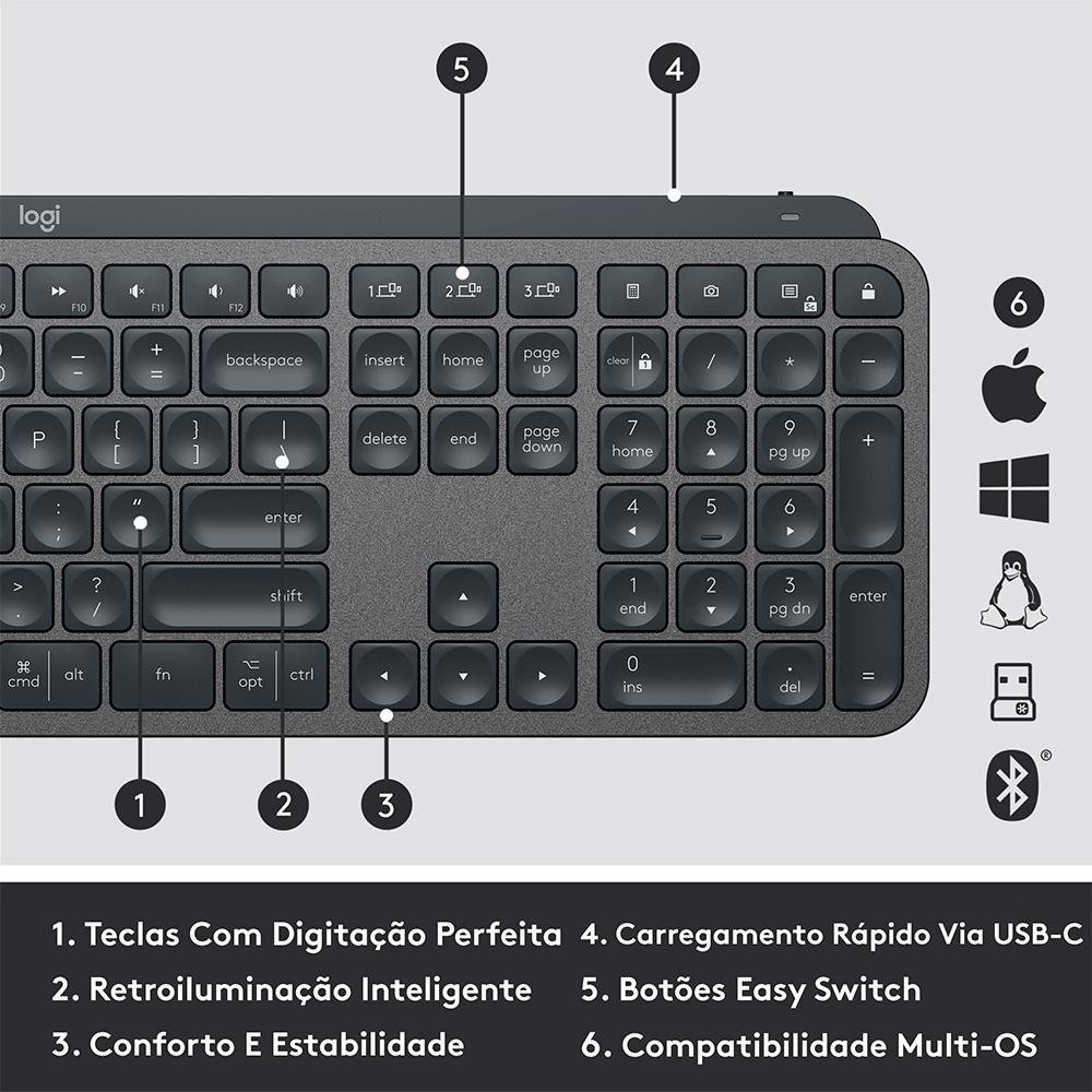 Teclado sem fio Logitech MX Keys com Iluminação Inteligente, USB Unifying ou Bluetooth e Bateria Recarregável, ANSI - 920-009297 Teclado sem fio Logitech MX Keys com Iluminação Inteligente, USB Unifying ou Bluetooth e Bateria Recarregável, ANSI - 920-009297