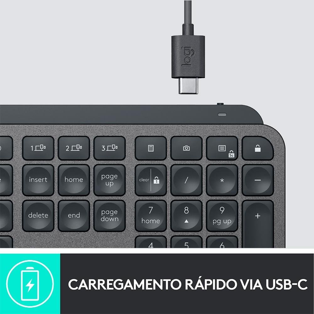 Imagem 8 de 8 do produto Teclado sem fio Logitech MX Keys com Iluminação Inteligente, USB Unifying ou Bluetooth e Bateria Recarregável, ANSI - 920-009297