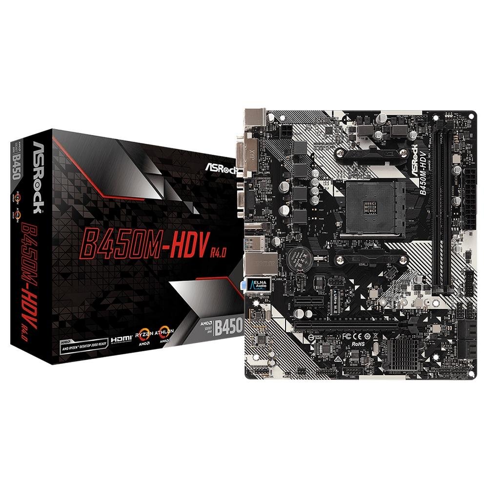 Placa-Mãe ASRock B450M-HDV R4.0, AMD AM4, Micro ATX, DDR4, Preto - 90-MXB9N0-A0UAYZ Placa-Mãe ASRock B450M-HDV R4.0, AMD AM4, Micro ATX, DDR4, Preto - 90-MXB9N0-A0UAYZ