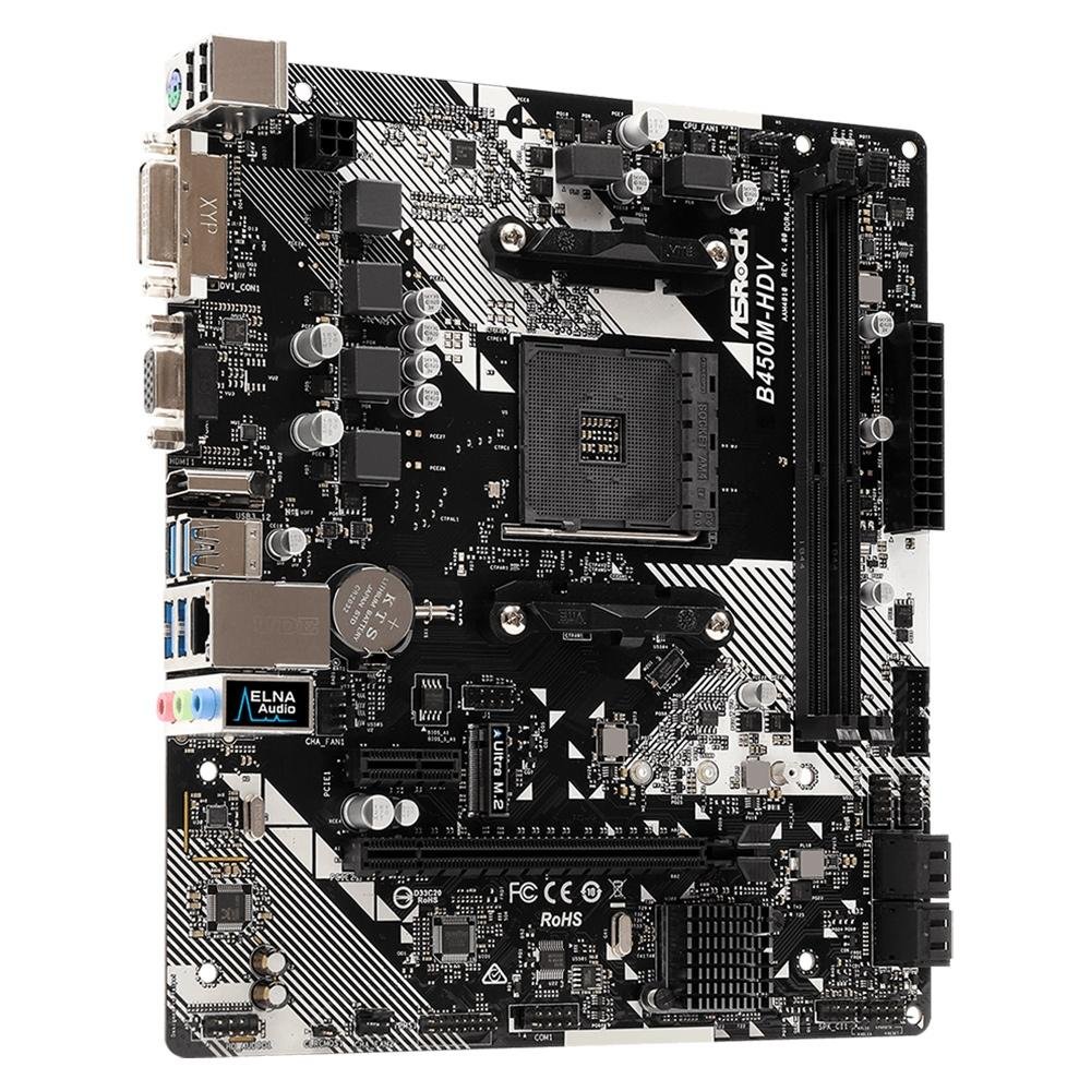 Placa-Mãe ASRock B450M-HDV R4.0, AMD AM4, Micro ATX, DDR4, Preto - 90-MXB9N0-A0UAYZ Placa-Mãe ASRock B450M-HDV R4.0, AMD AM4, Micro ATX, DDR4, Preto - 90-MXB9N0-A0UAYZ