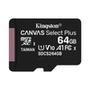 Cartão de memória Kingston microSD de 64GB Canvas Select Plus - 100MB/s - Classe 10 com adaptador SD - SDCS2/64GB
