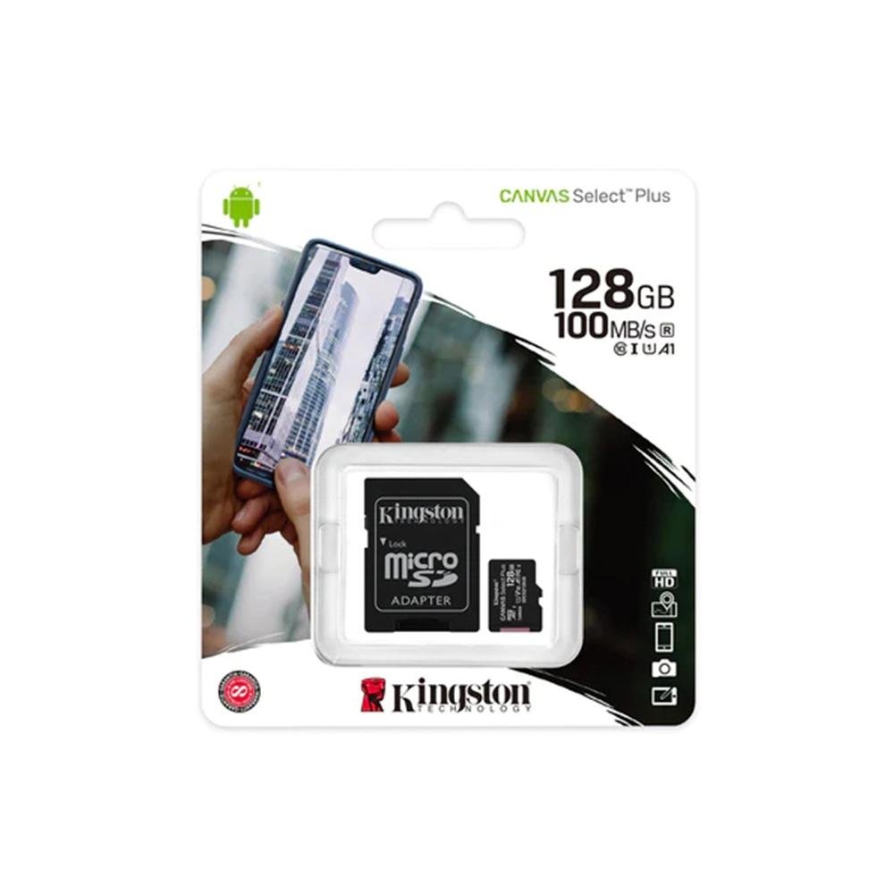 Cartão de memória Kingston microSD de 128GB Canvas Select Plus - 100MB/s - Classe 10 com adaptador SD - SDCS2/128GB