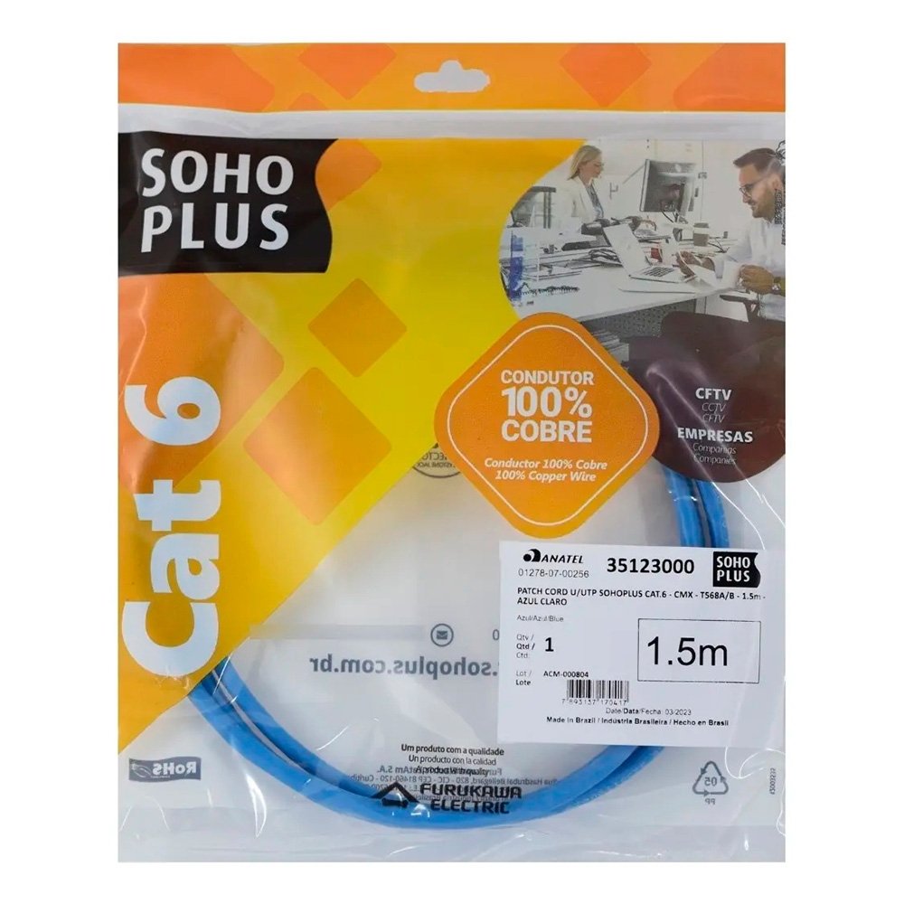 Patch Cord Furukawa SohoPlus T568A, CAT6, 1.5m, Azul - 35123000