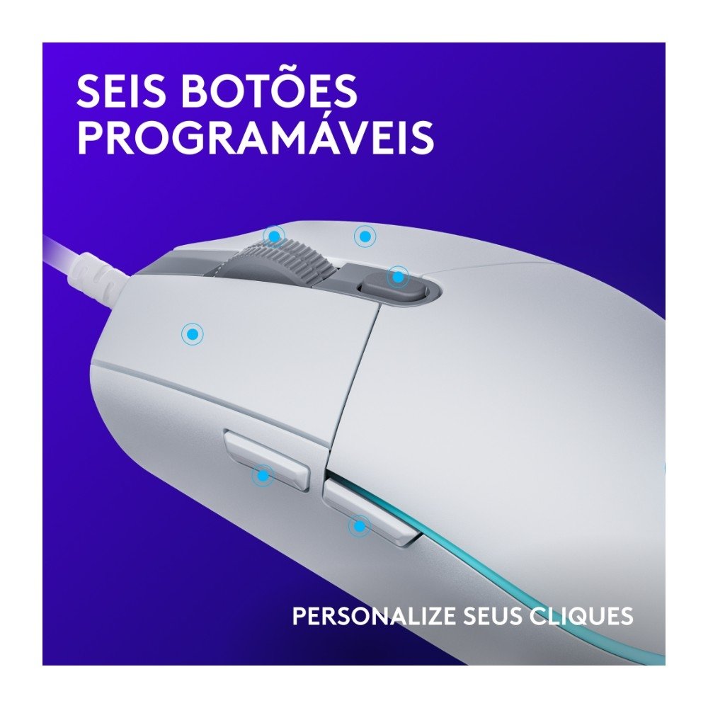 Mouse Gamer ( Balão.info) G203 LIGHTSYNC RGB, Efeito de Ondas de Cores, 6 Botões Programáveis e Até 8.000 DPI, Branco - 910-( Balão.info - foto 3