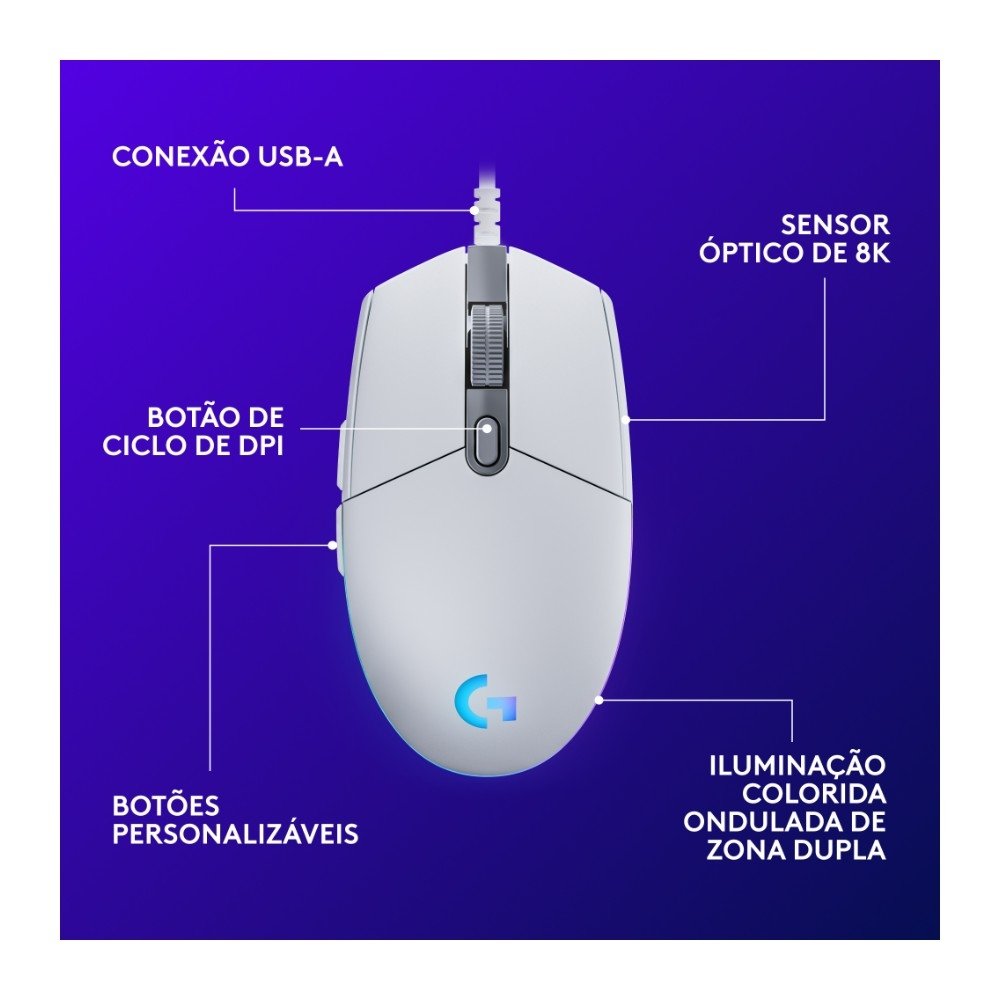 Mouse Gamer ( Balão.info) G203 LIGHTSYNC RGB, Efeito de Ondas de Cores, 6 Botões Programáveis e Até 8.000 DPI, Branco - 910-( Balão.info - foto 6