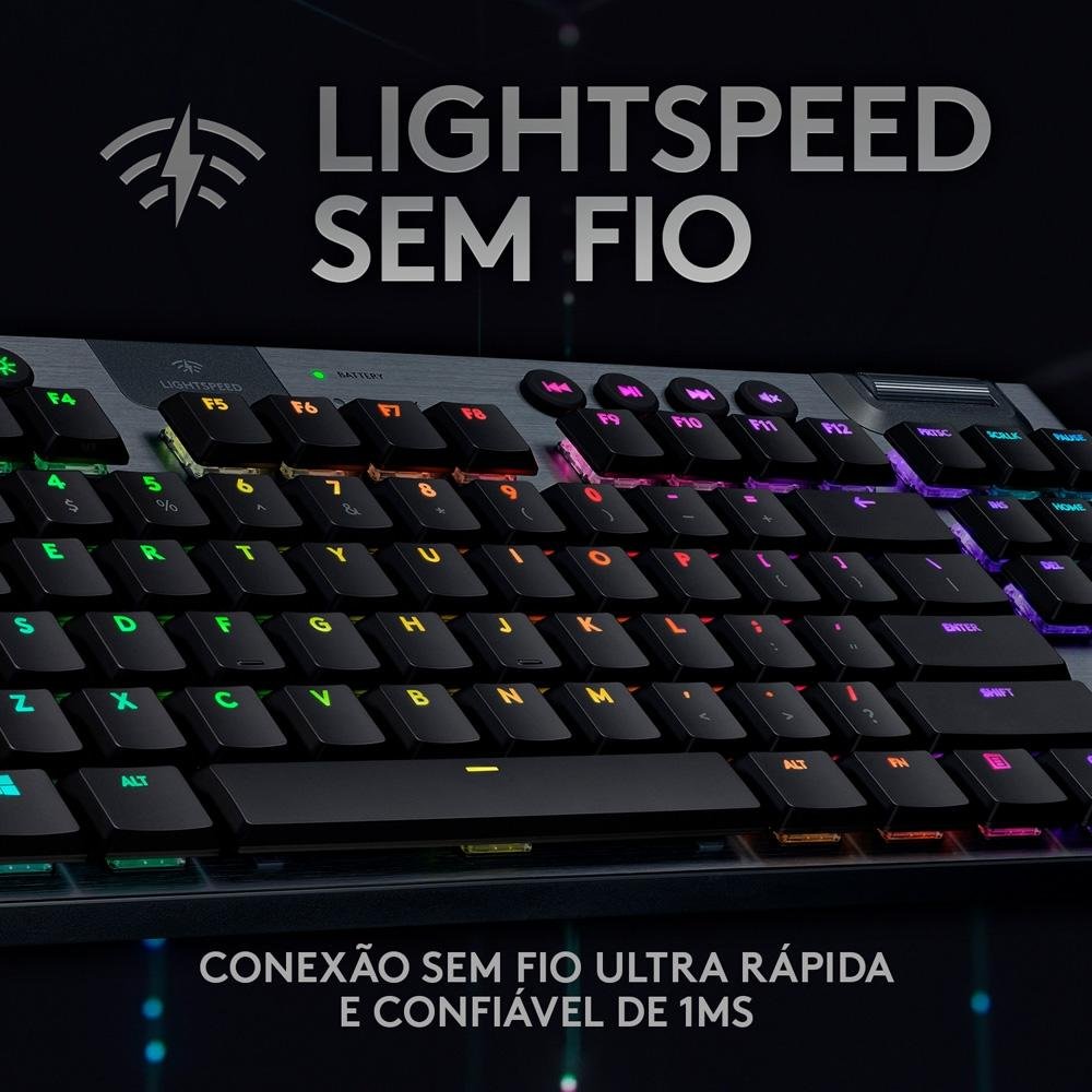 Imagem 3 de 11 do produto Teclado Mecânico Gamer Sem Fio Logitech G915 TKL RGB LIGHTSYNC, USB ou Bluetooth, Ultrafino, Switch GL Tactile, Preto - 920-009495