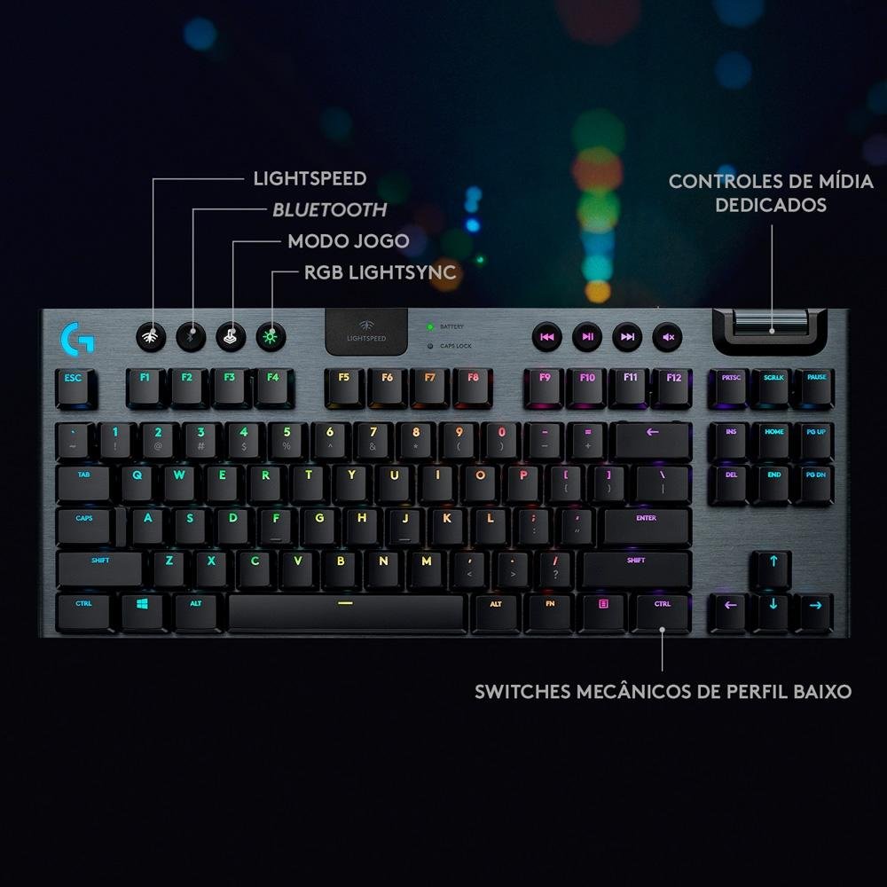 Imagem 8 de 11 do produto Teclado Mecânico Gamer Sem Fio Logitech G915 TKL RGB LIGHTSYNC, USB ou Bluetooth, Ultrafino, Switch GL Tactile, Preto - 920-009495