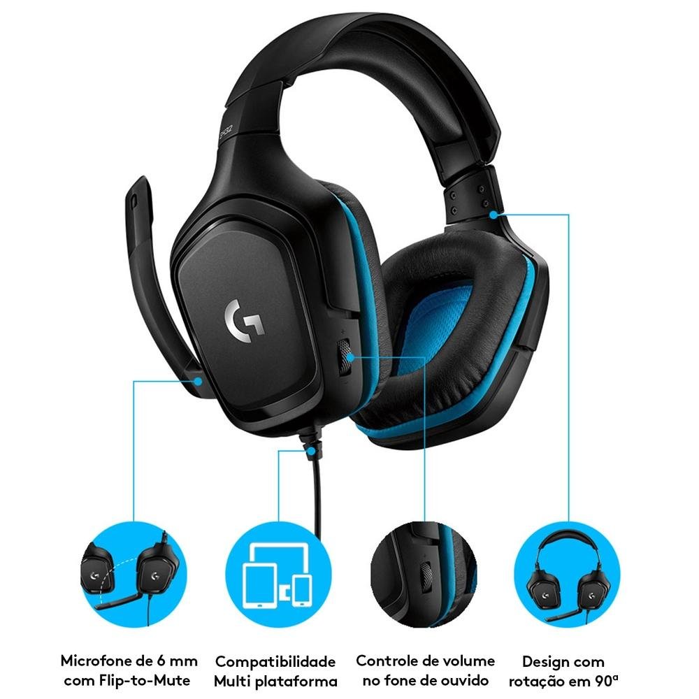 Headset Gamer Logitech G432 7.1 Dolby Surround para PC, PlayStation, Xbox e Nintendo Switch, Preto/Azul - 981-000769 - view 4