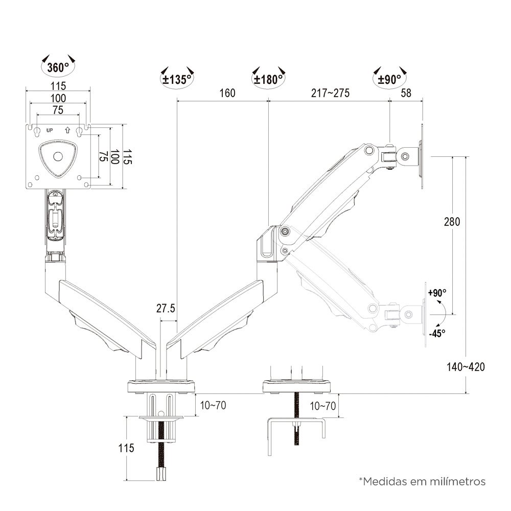 Imagem 9 de 11 do produto Suporte de Mesa Articulado para 2 Monitores de 17" a 35", ELG, Ajuste de altura com Pistão a Gás - F160N