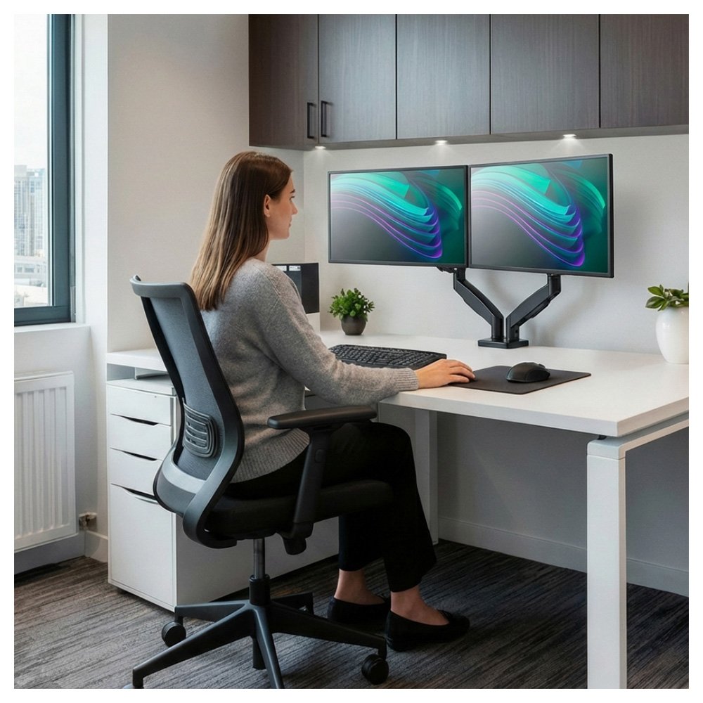 Imagem 10 de 11 do produto Suporte de Mesa Articulado para 2 Monitores de 17" a 35", ELG, Ajuste de altura com Pistão a Gás - F160N