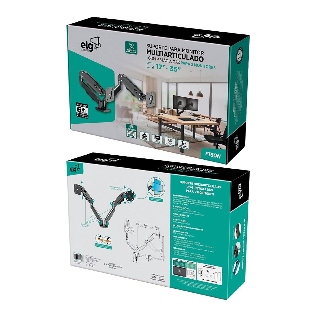 Imagem 11 de 11 do produto Suporte de Mesa Articulado para 2 Monitores de 17" a 35", ELG, Ajuste de altura com Pistão a Gás - F160N