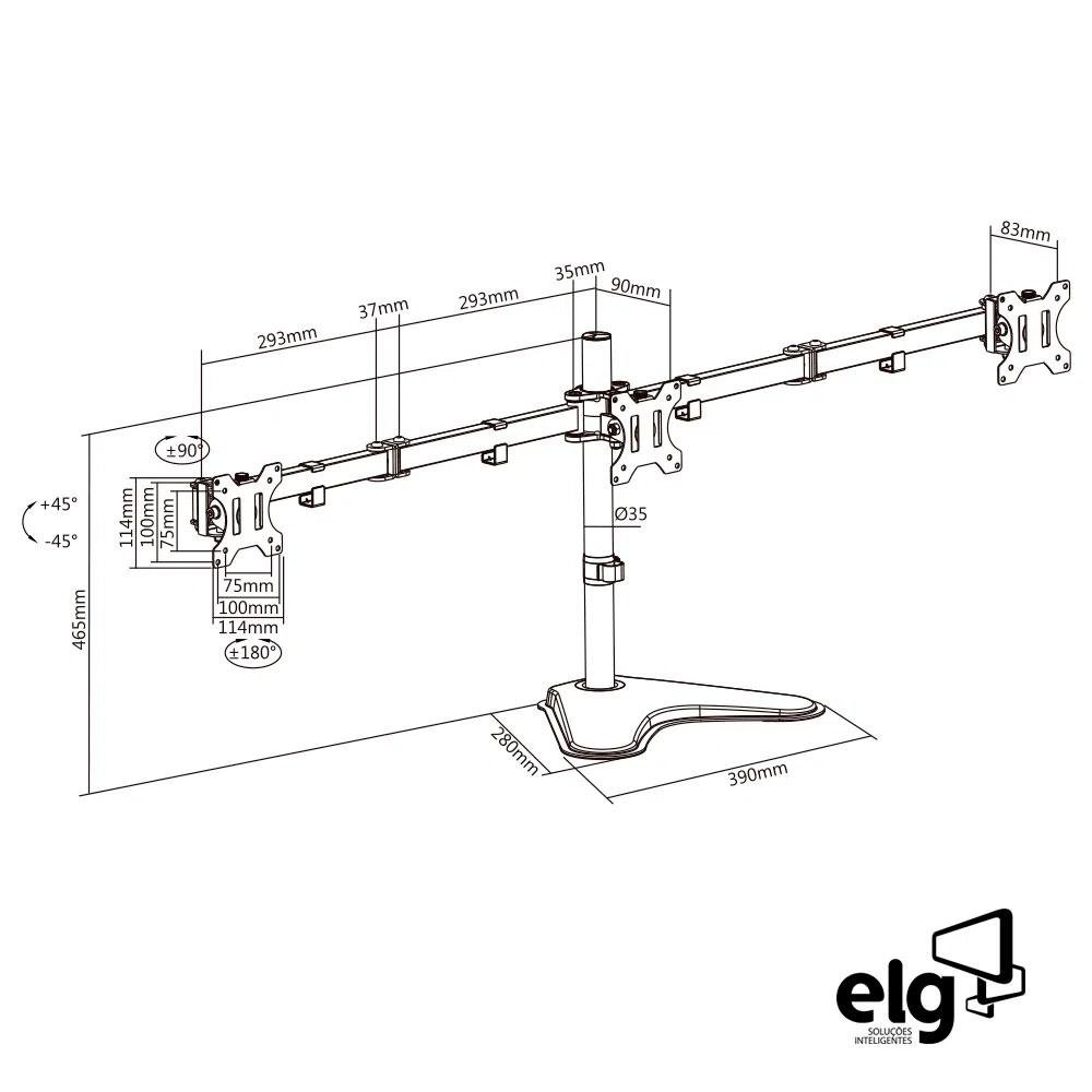 Imagem 3 de 4 do produto Suporte Triplo de Mesa para Monitores ELG, Giratório, Articulado - T1236N